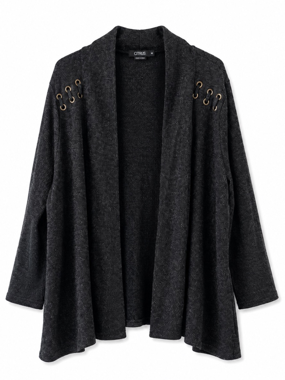 Cure. Women's Charcoal Gray Lace-Up Open Front Cardigan Grommet Detail Plus 3X